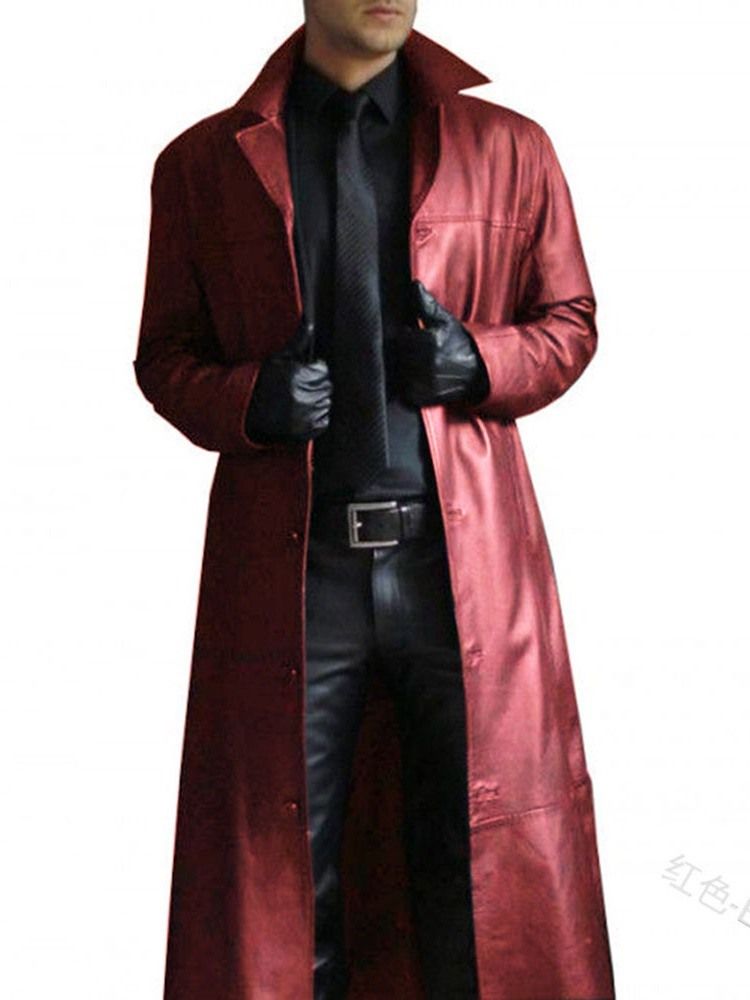 Long Lapel Plain Single-breasted Men's Slim Leather Jacket