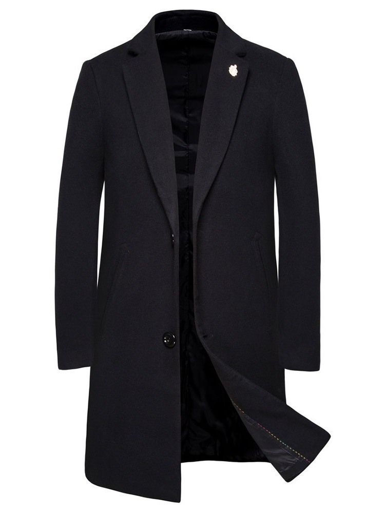 Notched Lapel Mid-length Plain Men's Winter Coat