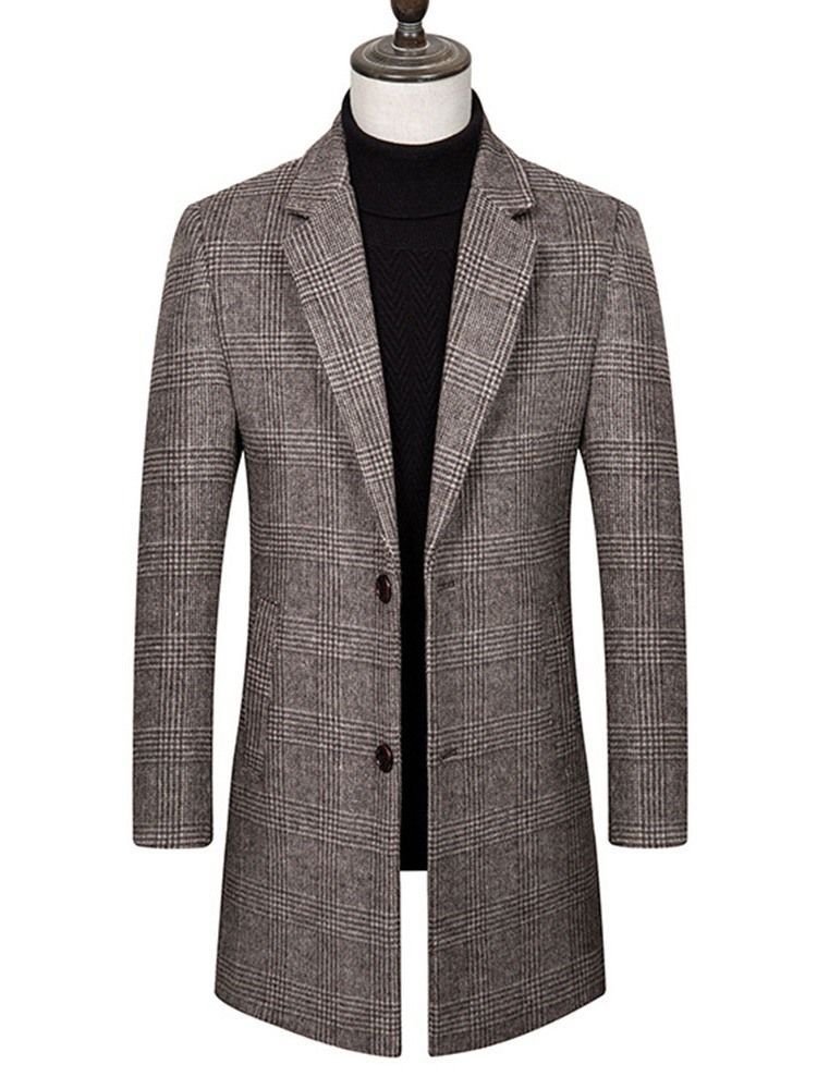 Notched Lapel Plaid Mid-length Korean Men's Coat