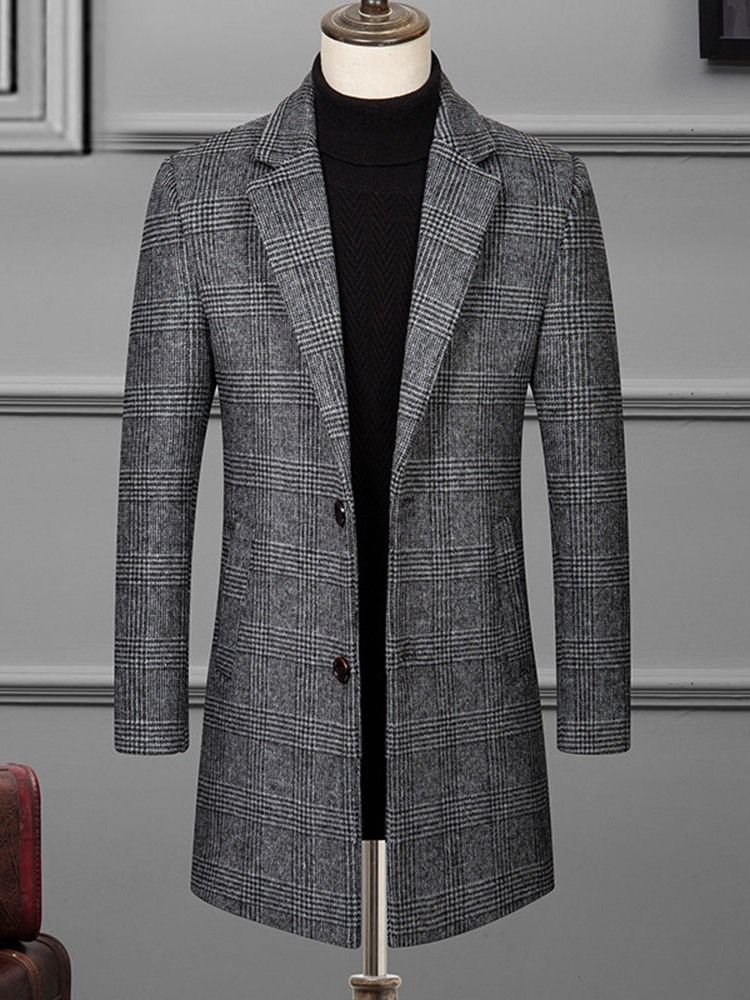 Notched Lapel Plaid Mid-length Korean Men's Coat