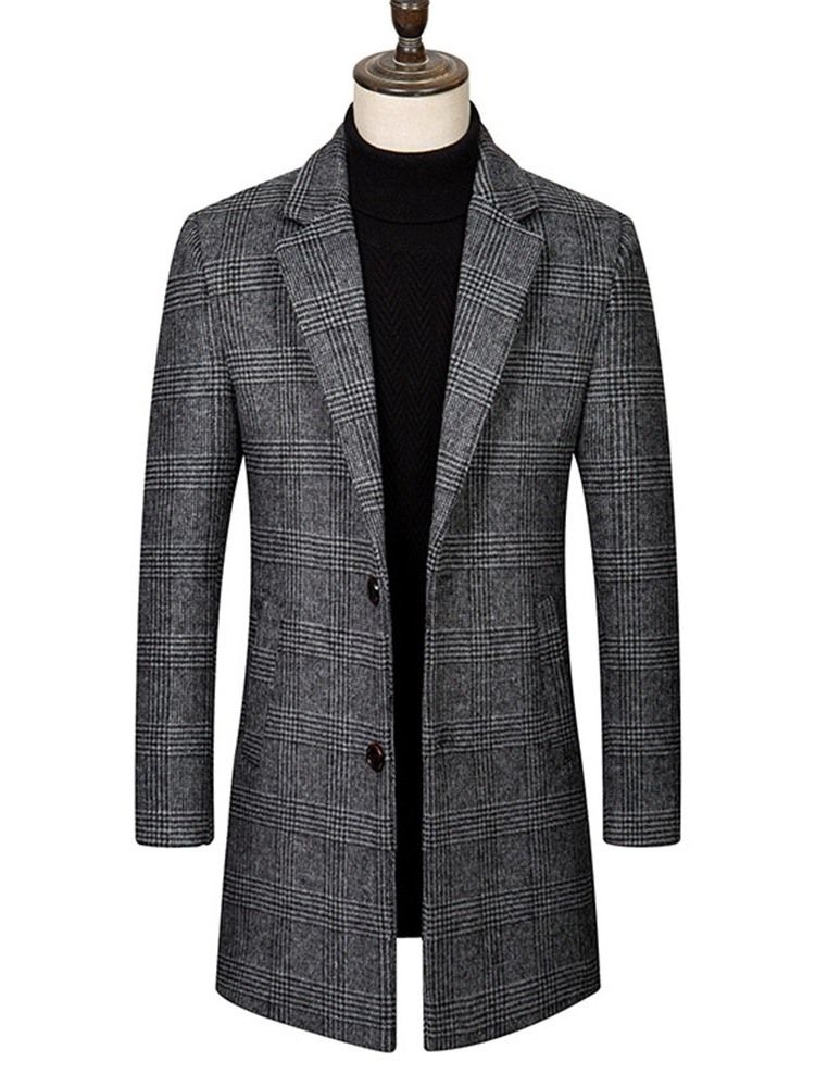 Notched Lapel Plaid Mid-length Korean Men's Coat