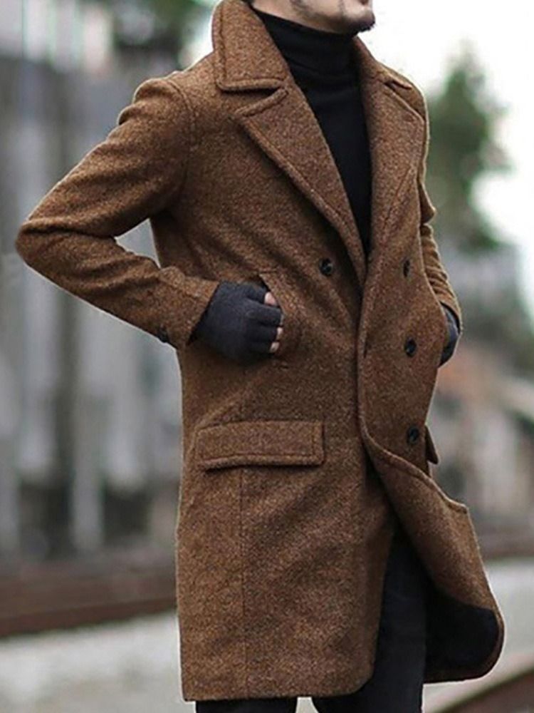 Notched Lapel Plain Mid-length Men's Slim Double-breasted Coat