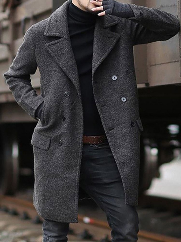 Notched Lapel Plain Mid-length Men's Slim Double-breasted Coat