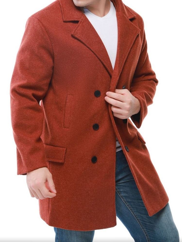 Notched Lapel Plain Mid-length Men's Slim Double-breasted Coat