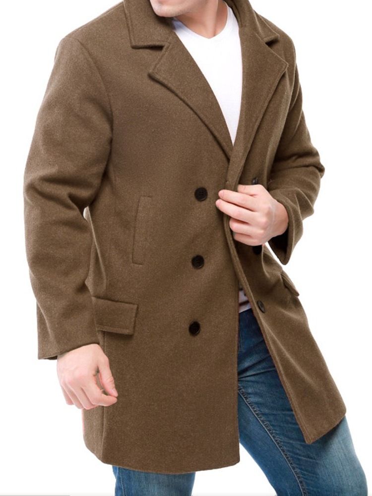 Notched Lapel Plain Mid-length Men's Slim Double-breasted Coat