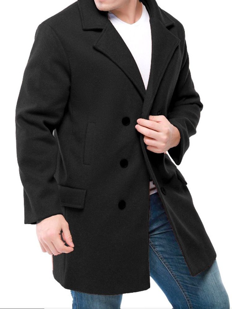 Notched Lapel Plain Mid-length Men's Slim Double-breasted Coat