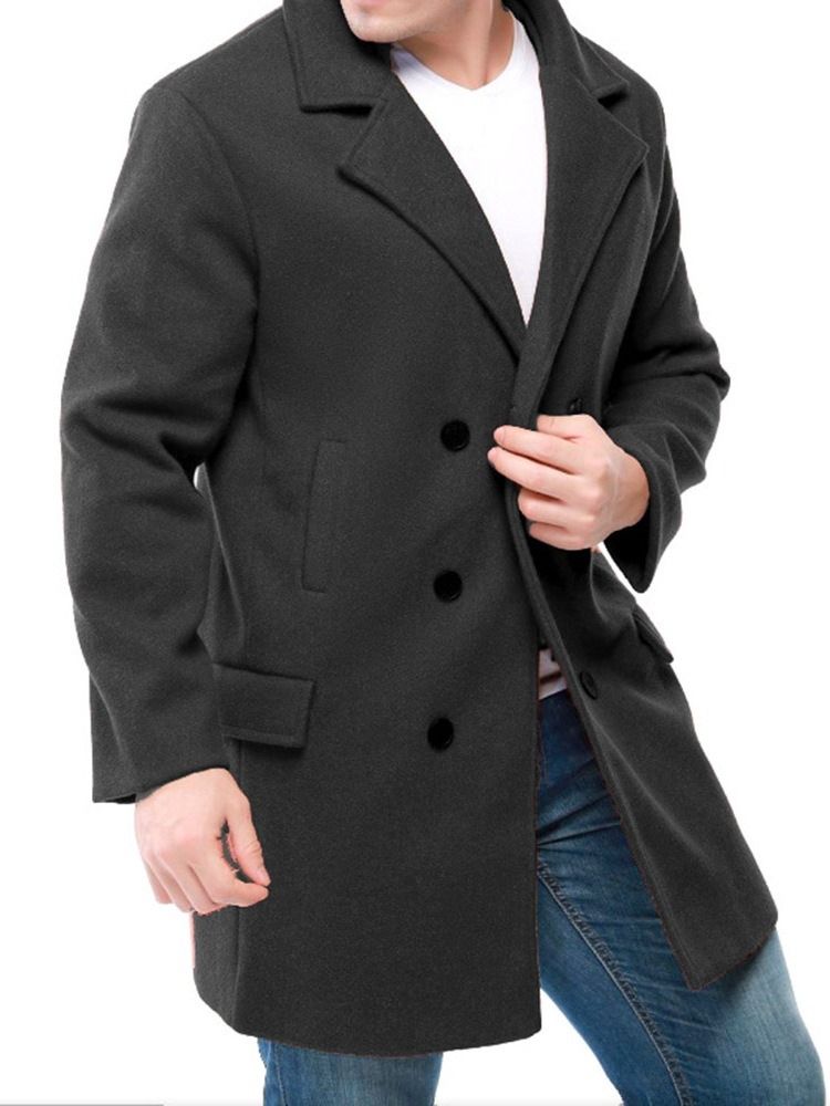 Notched Lapel Plain Mid-length Men's Slim Double-breasted Coat