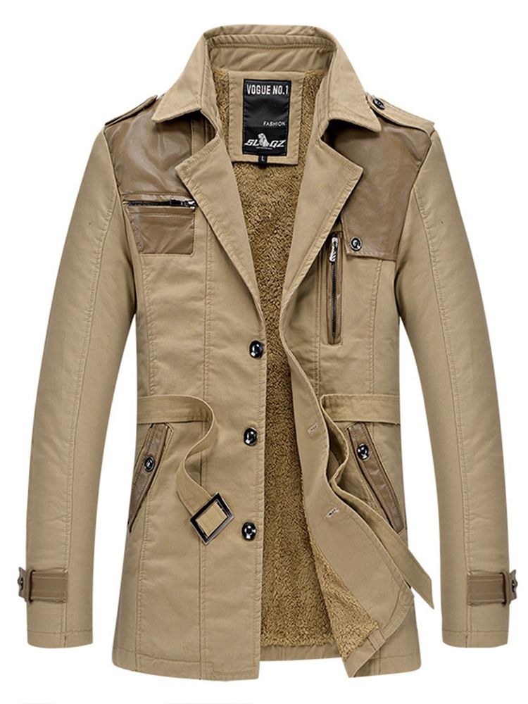 Notched Lapel Solid Color Patchwork Men's Trench Coat