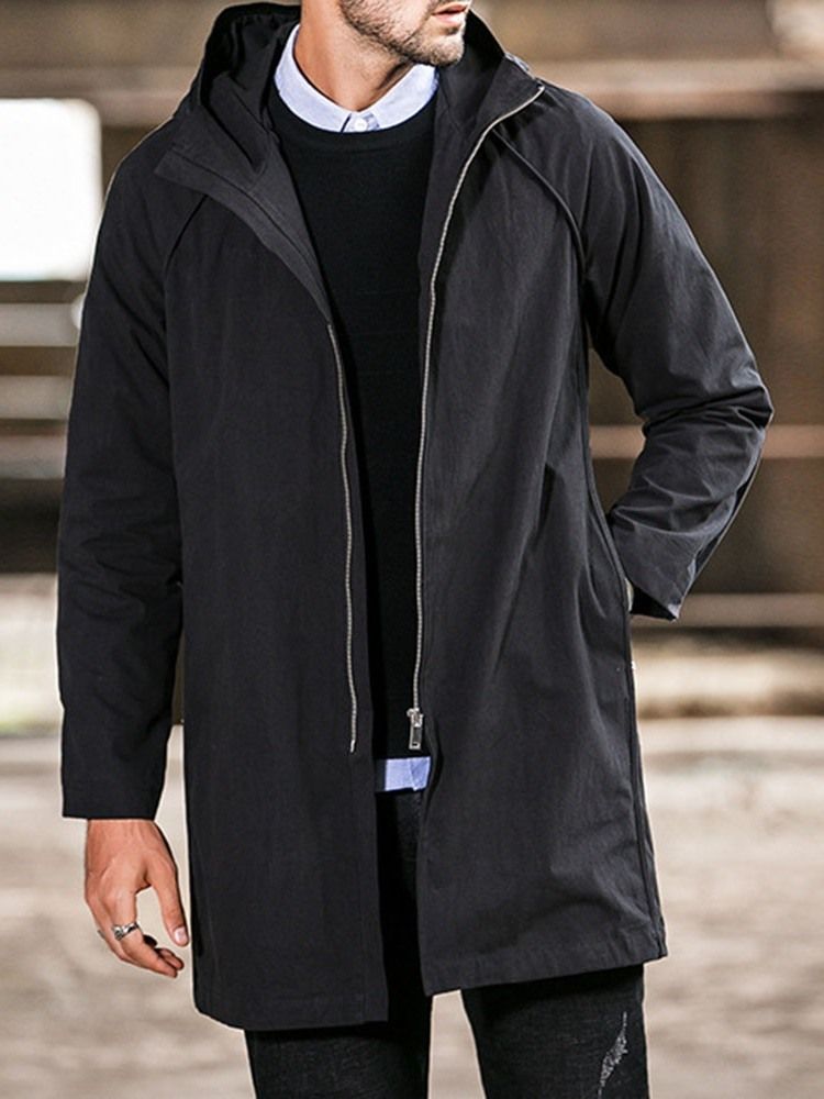 Plain Hooded Mid-length Casual Straight Men's Trench Coat