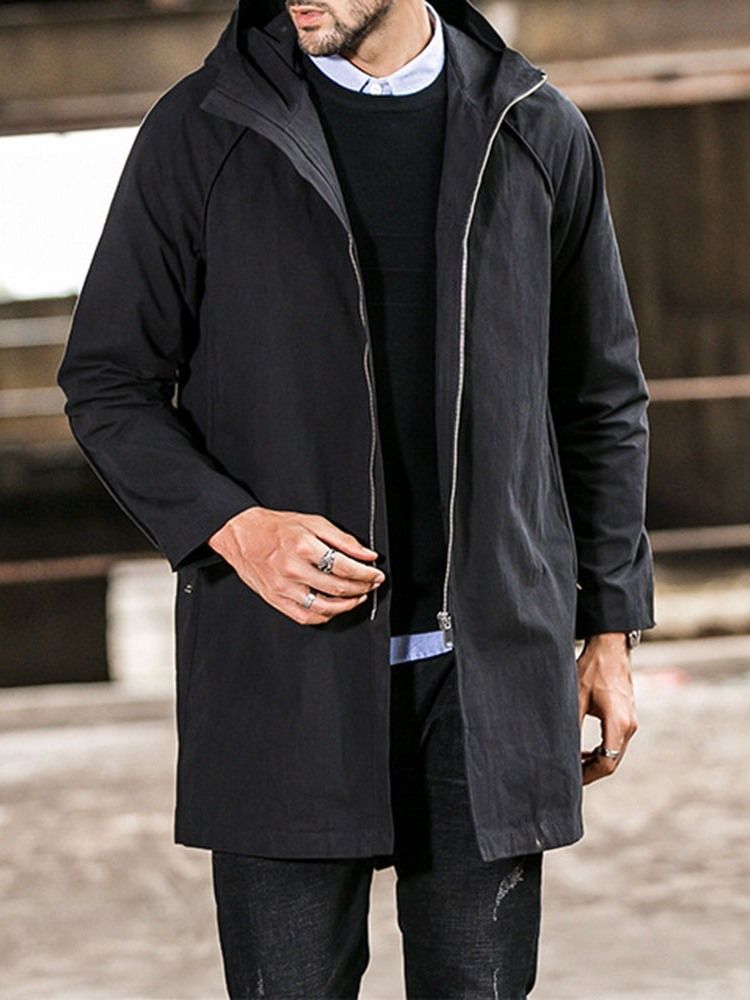 Plain Hooded Mid-length Casual Straight Men's Trench Coat