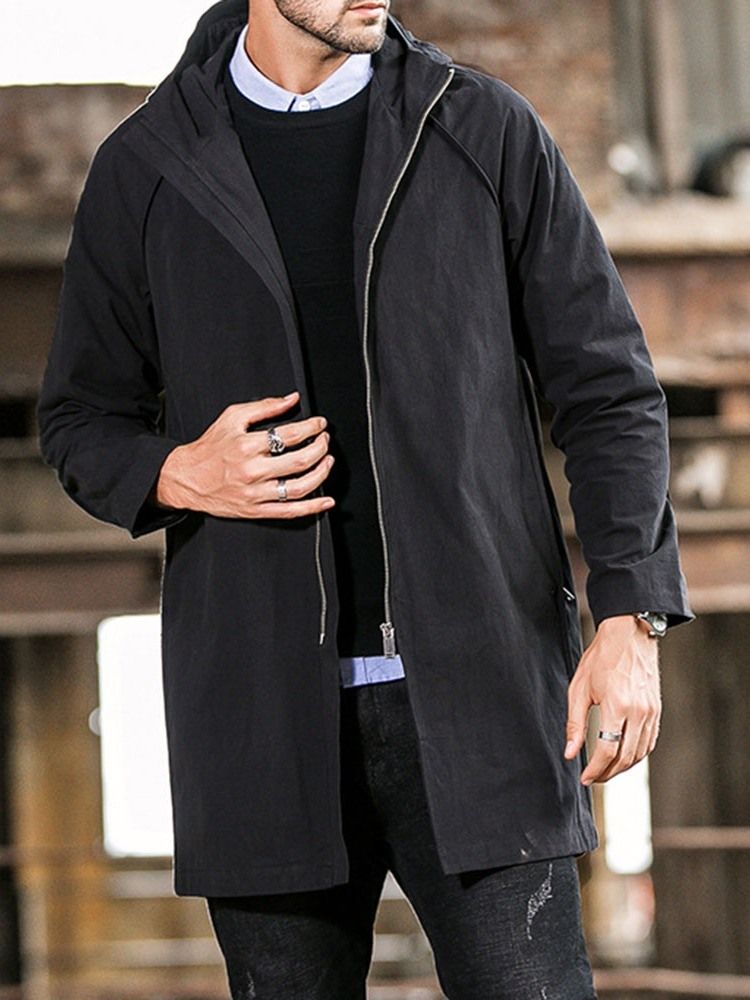 Plain Hooded Mid-length Casual Straight Men's Trench Coat