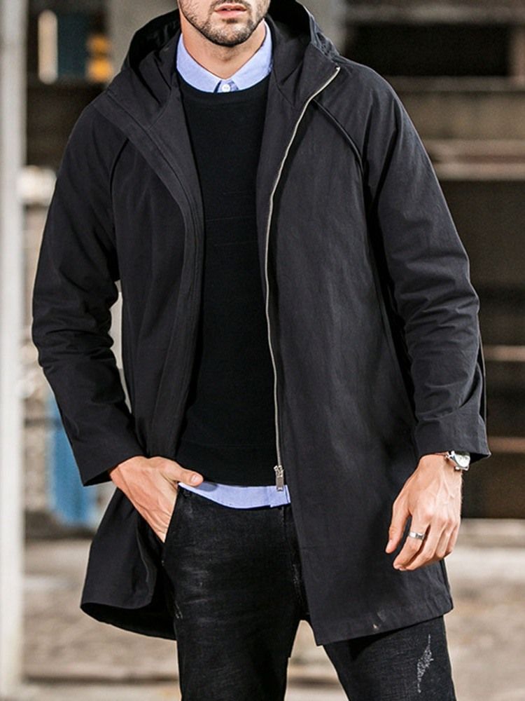 Plain Hooded Mid-length Casual Straight Men's Trench Coat