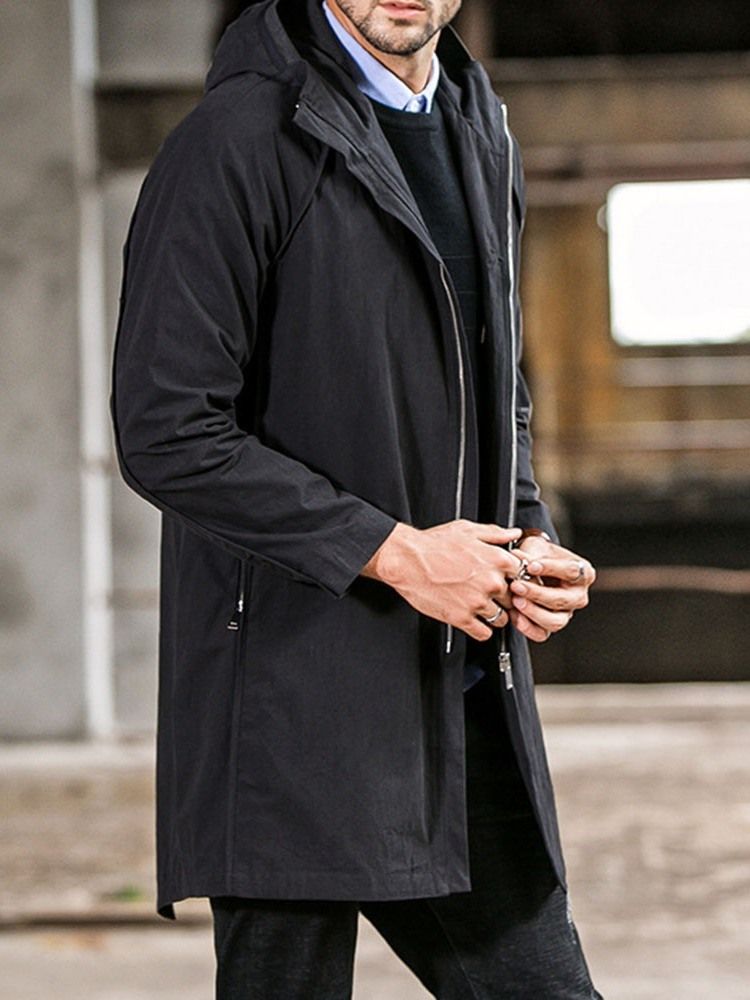 Plain Hooded Mid-length Casual Straight Men's Trench Coat