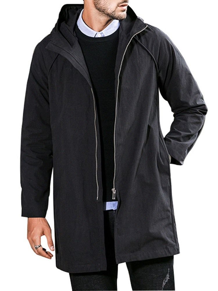 Plain Hooded Mid-length Casual Straight Men's Trench Coat