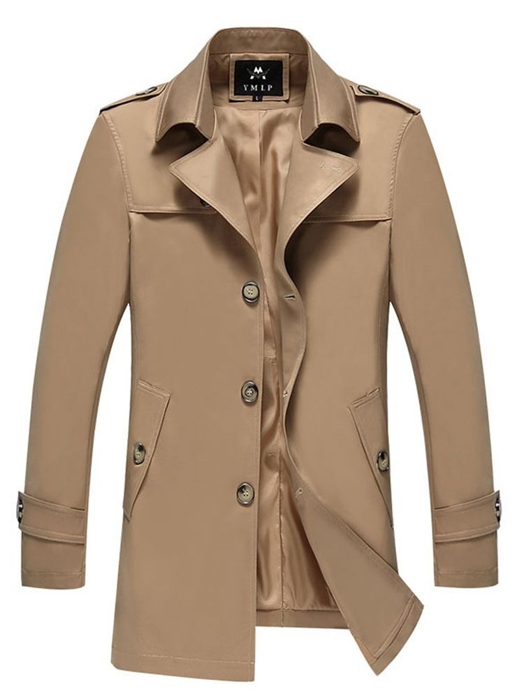 Plain Lapel Single Breasted Mens Casual Trench Coats