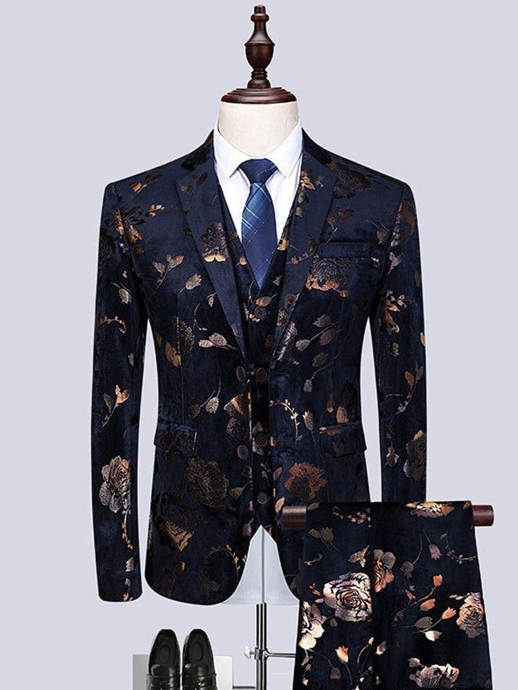 Floral Print Mens 3 Pieces Casual Party Dress Suit