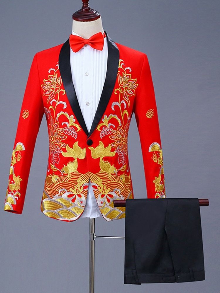 Floral Printed Chinese Style Mens Ball Party Suits