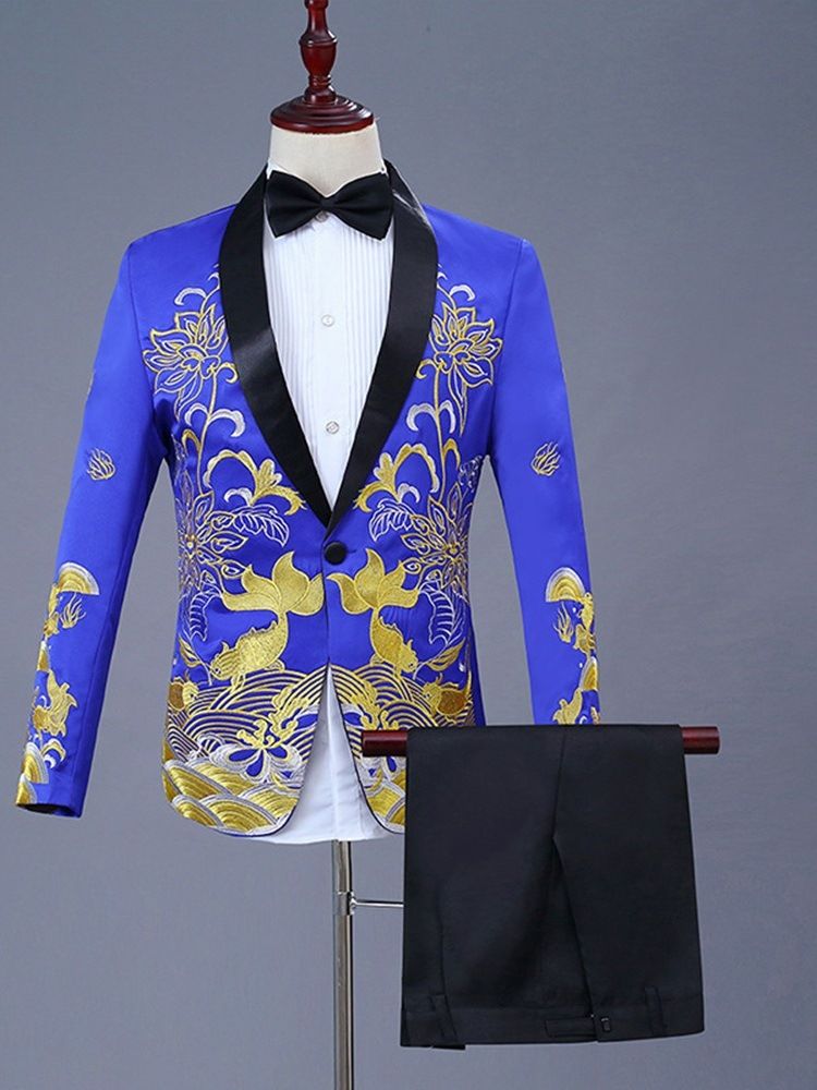 Floral Printed Chinese Style Mens Ball Party Suits