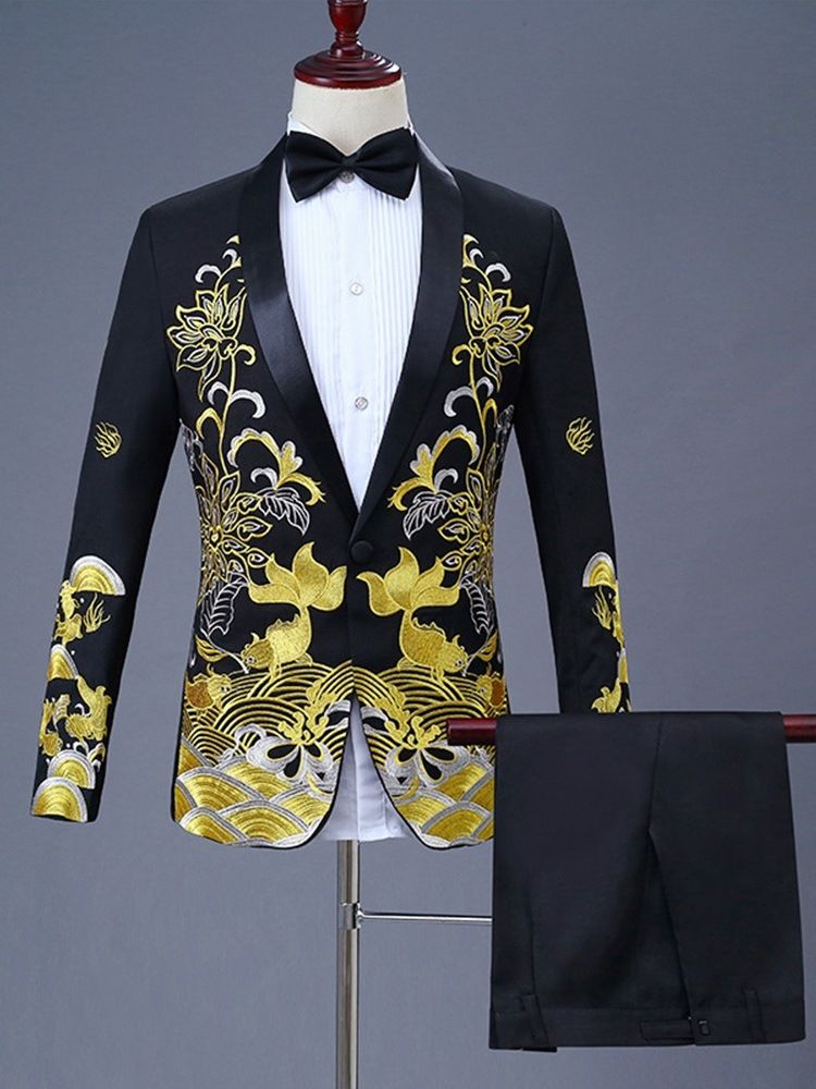 Floral Printed Chinese Style Mens Ball Party Suits