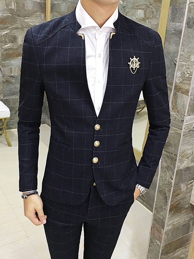 Plaid Stand Collar V-neck Mens Suit