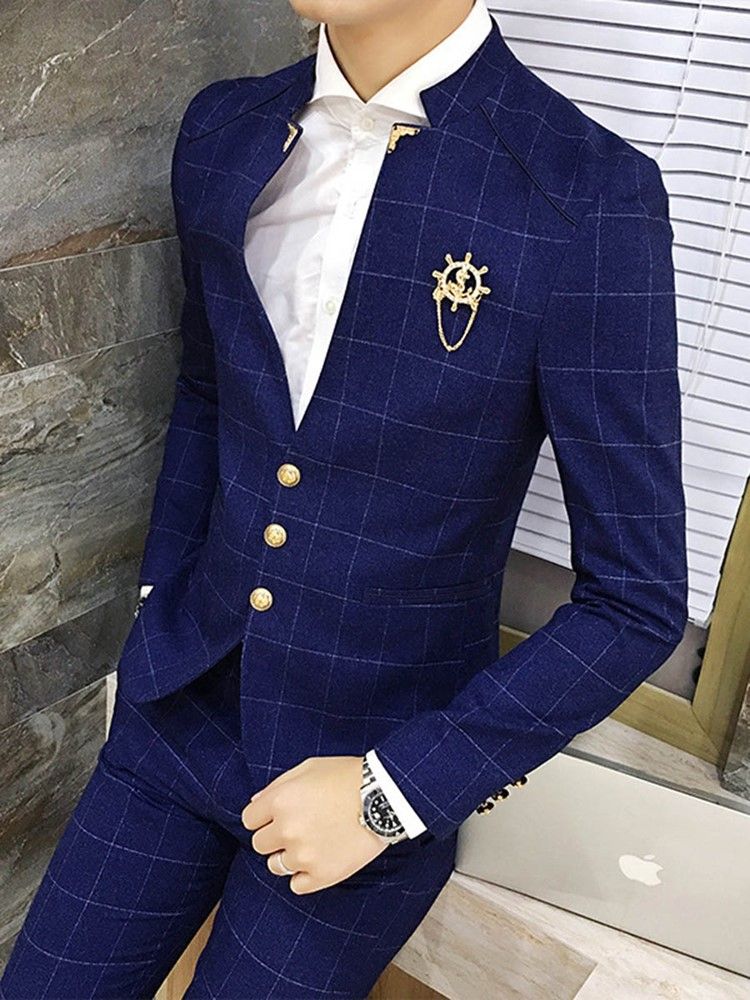 Plaid Stand Collar V-neck Mens Suit