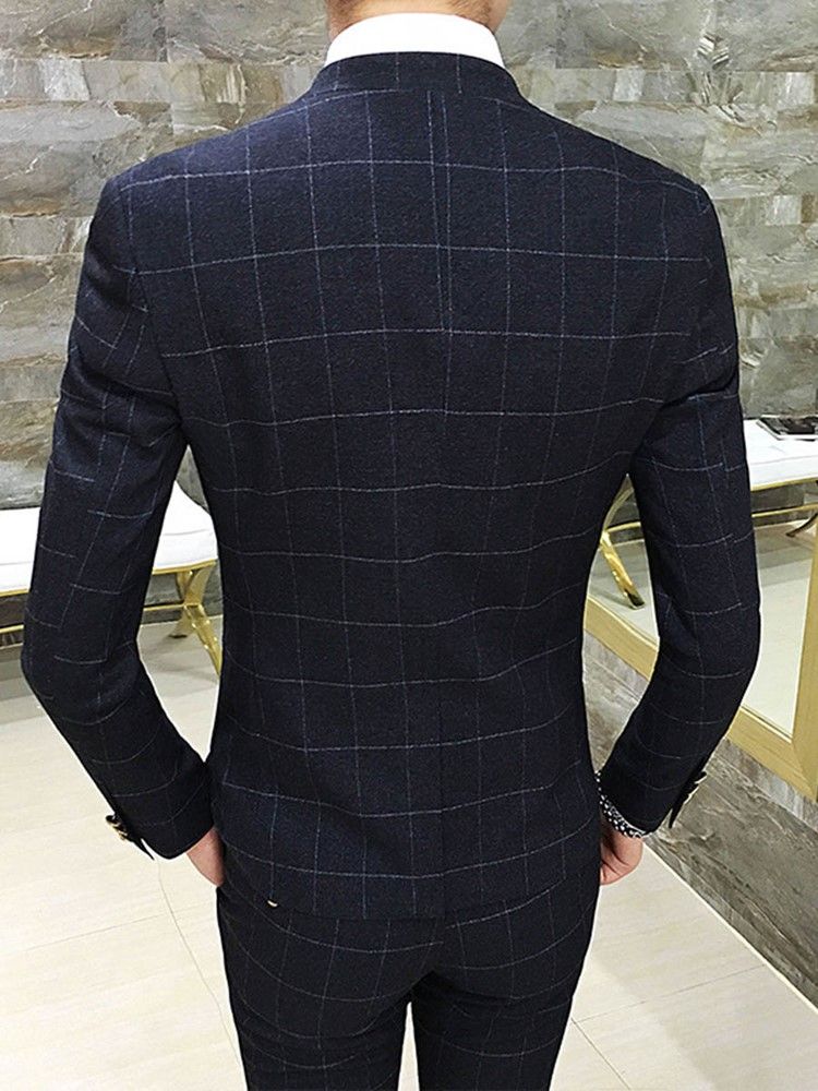 Plaid Stand Collar V-neck Mens Suit