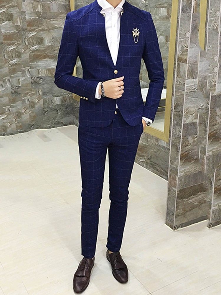 Plaid Stand Collar V-neck Mens Suit