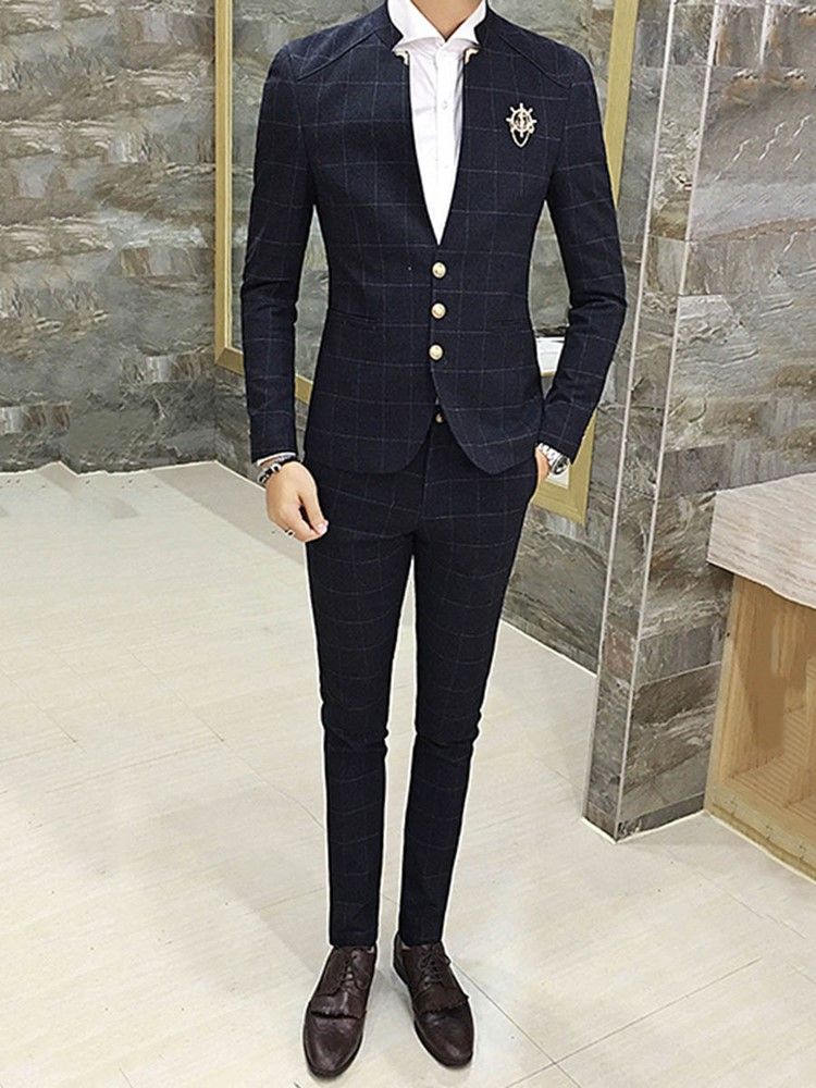 Plaid Stand Collar V-neck Mens Suit