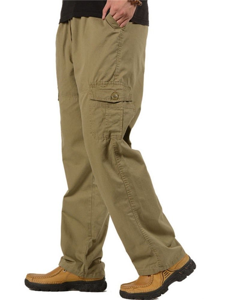 Plain Overall Pocket Casual Mid Waist Men's Casual Pants