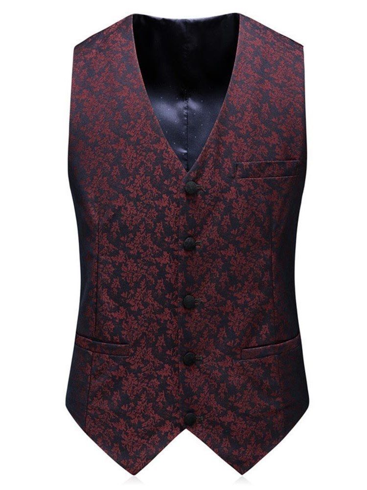 Red Printed Shawl Collar Mens 3 Pieces Suits