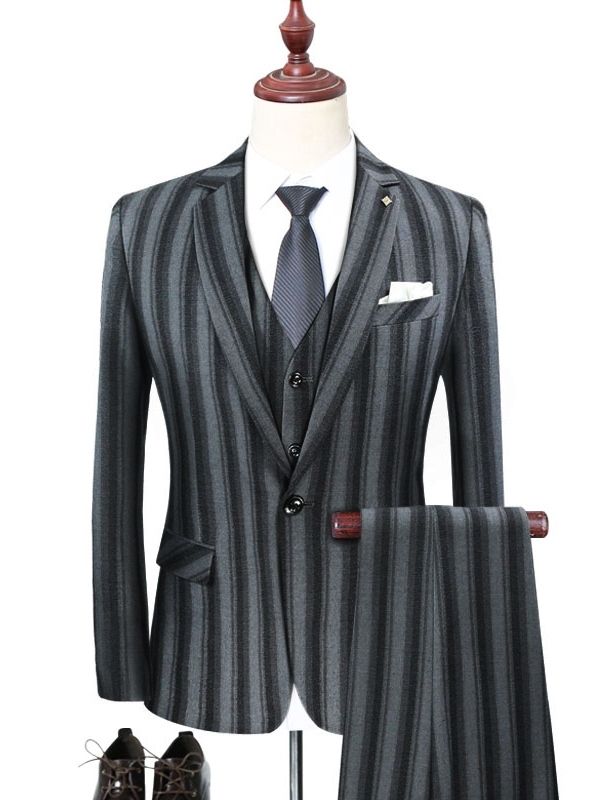 Vertical Striped Blazer Pants Vest Mens 3 Pieces Suits