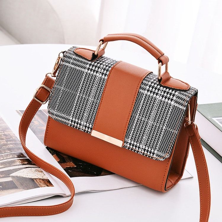 Color Block Pu Houndstooth Square Tote Bags