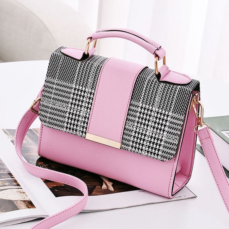 Color Block Pu Houndstooth Square Tote Bags