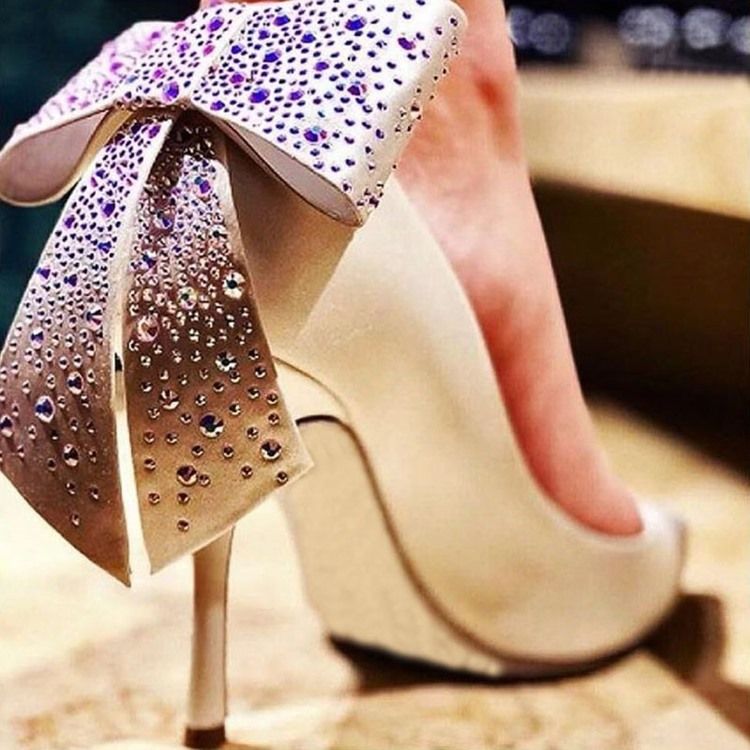 Bow Rhinestone Stiletto Heel Spets Toe Dam Pumps