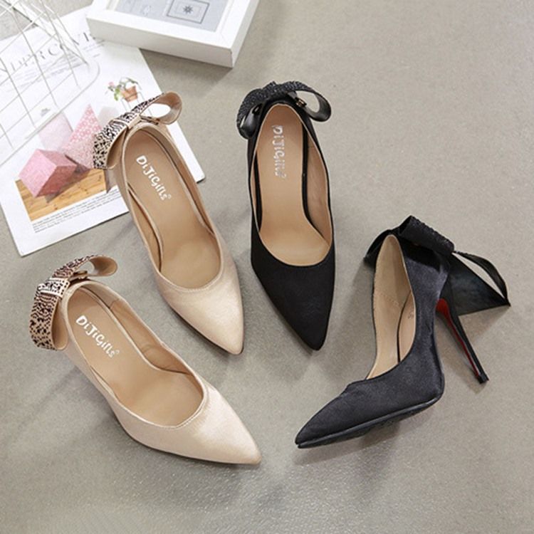 Bow Rhinestone Stiletto Heel Spets Toe Dam Pumps