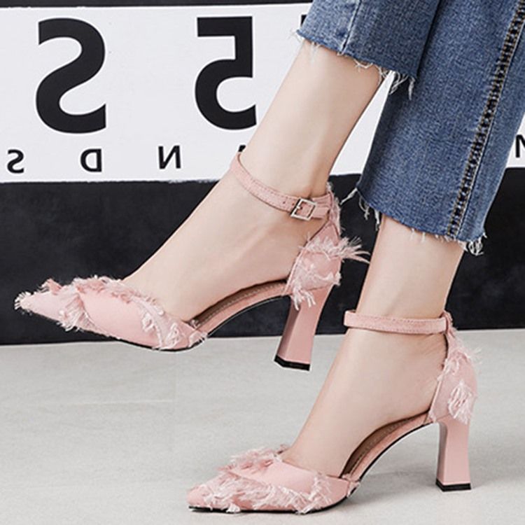 Chunky Heel Buckle Pointed Toe Women's Pumps