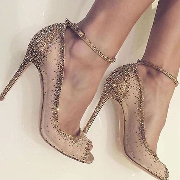 Kvinnor Gyllene Rhinestone Peep Toe Stilettklack Pumps