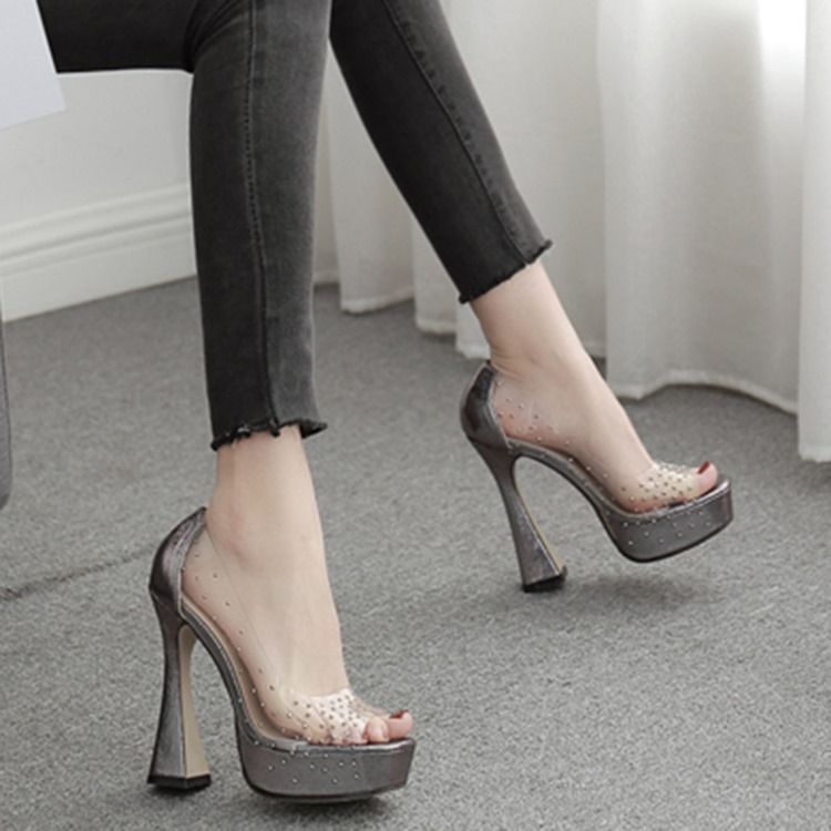 Kvinnor Rhinestone Peep Toe Chunky Heel Casual Pumps