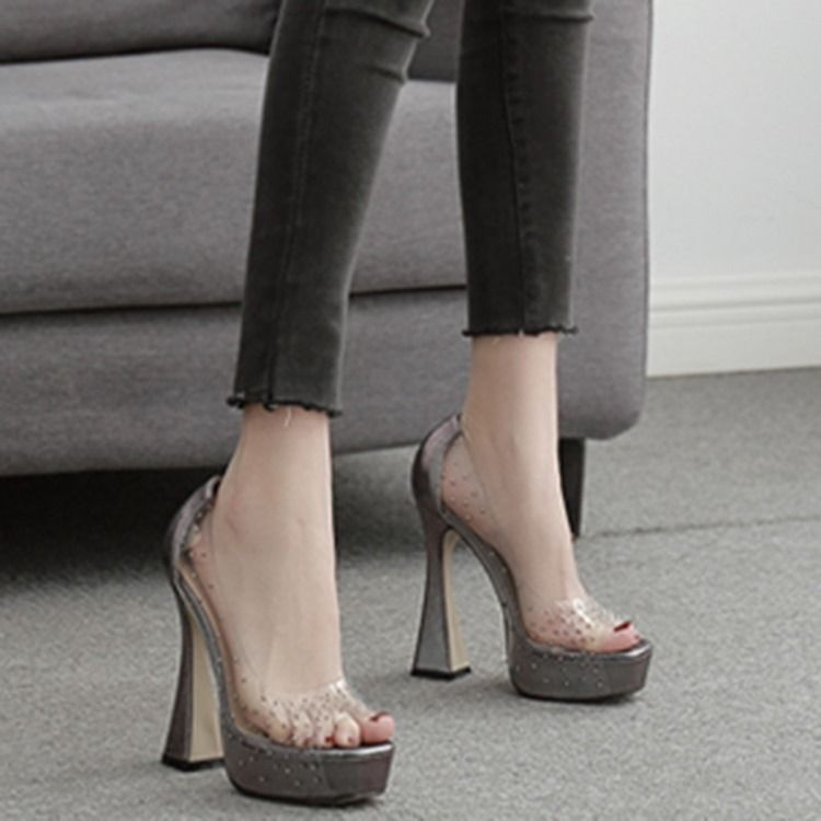 Kvinnor Rhinestone Peep Toe Chunky Heel Casual Pumps