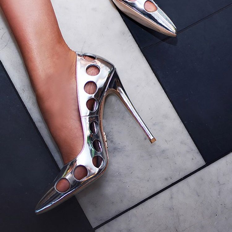 Kvinnors Silver Hollow Pointed Toe Stiletto Heel Pumps