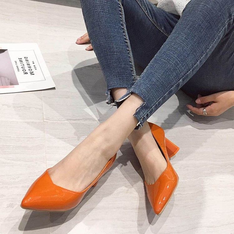 Plain Chunky Heel Slip-on Pointed Toe Dam Pumps