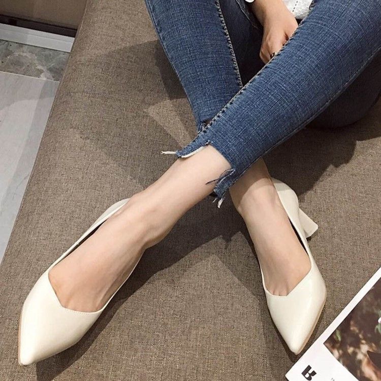 Plain Chunky Heel Slip-on Pointed Toe Dam Pumps