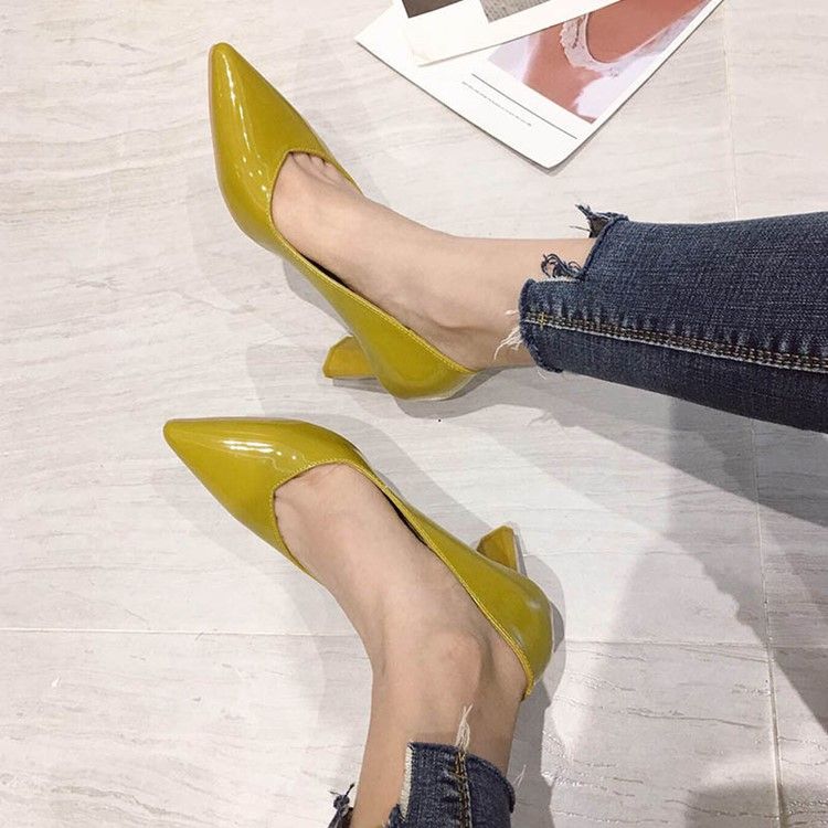 Plain Chunky Heel Slip-on Pointed Toe Dam Pumps