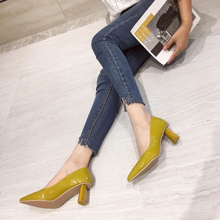 Plain Chunky Heel Slip-on Pointed Toe Dam Pumps