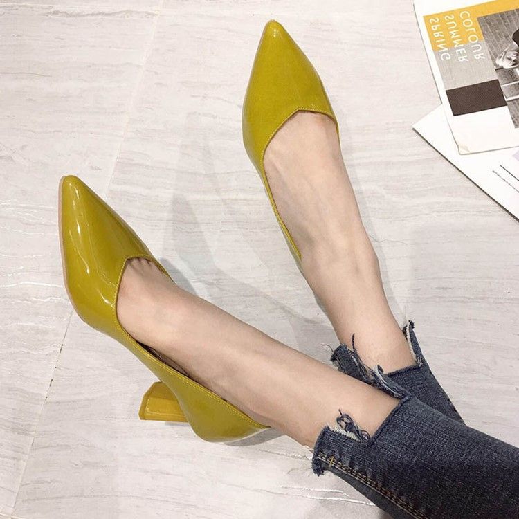 Plain Chunky Heel Slip-on Pointed Toe Dam Pumps