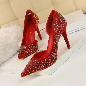 Rhinestone Faux Mocka Stiletto Heel Spets Toe Dam Pumps