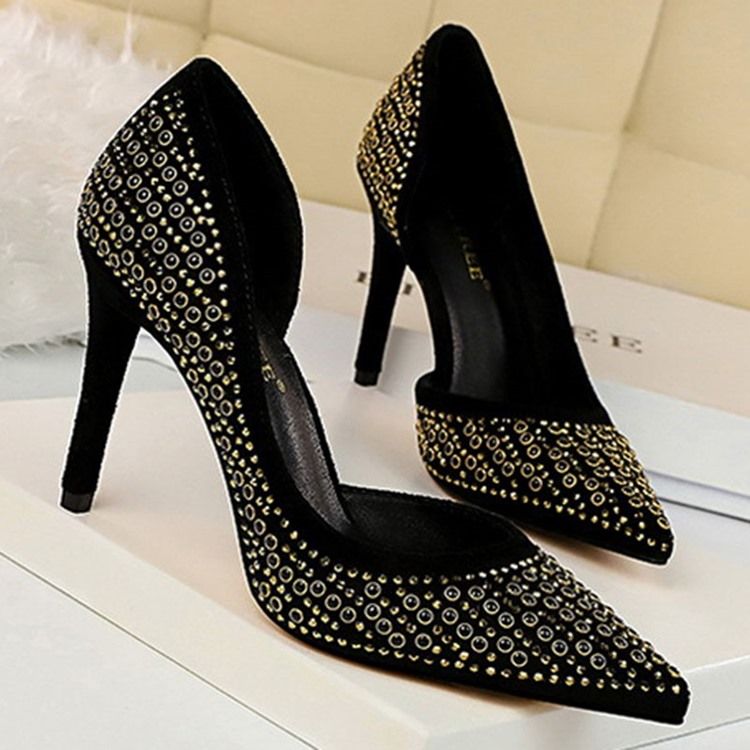 Rhinestone Faux Mocka Stiletto Heel Spets Toe Dam Pumps