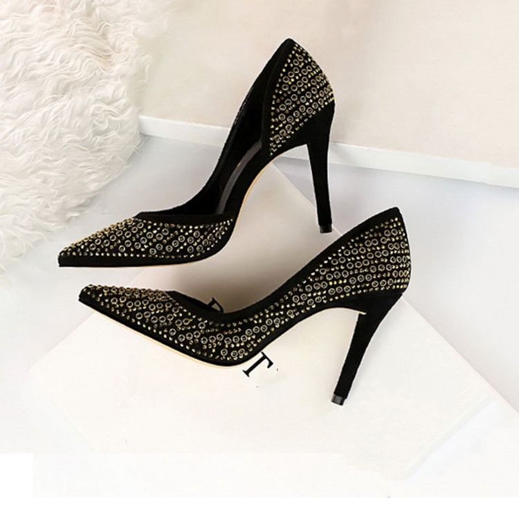 Rhinestone Faux Mocka Stiletto Heel Spets Toe Dam Pumps