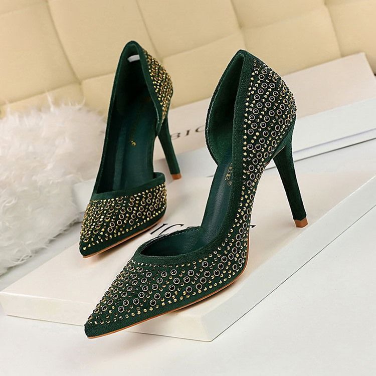 Rhinestone Faux Mocka Stiletto Heel Spets Toe Dam Pumps