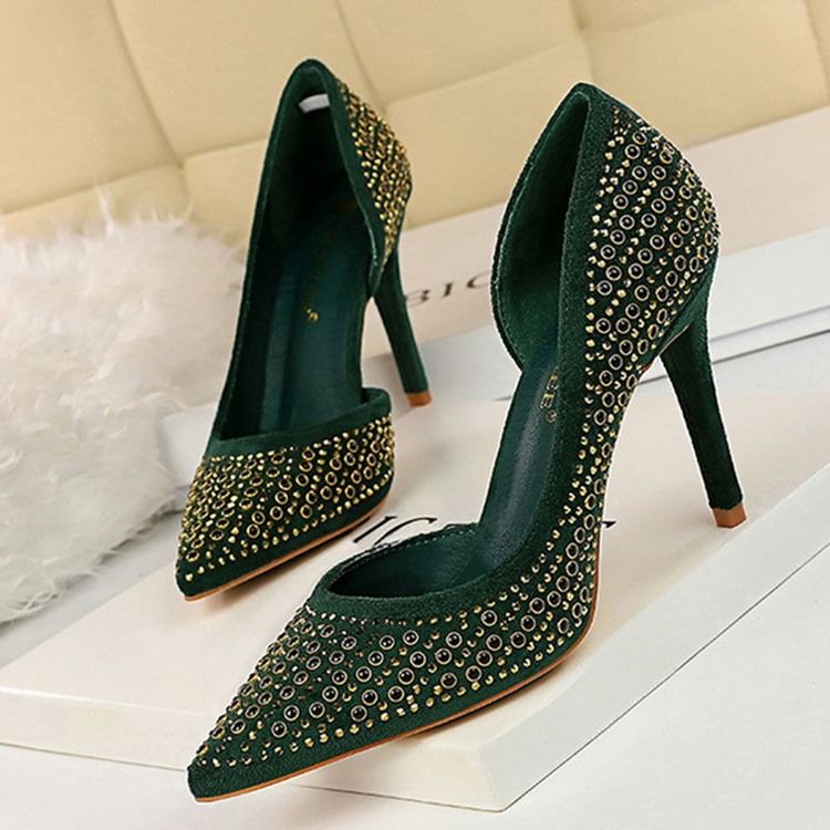 Rhinestone Faux Mocka Stiletto Heel Spets Toe Dam Pumps